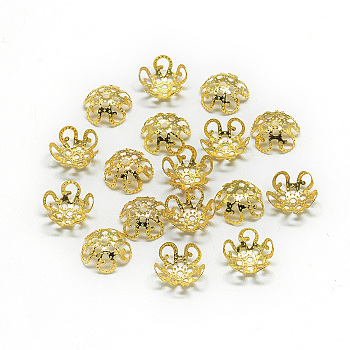 Plated Iron Fancy Bead Caps, Flower, 5-Petal, Filigree, Golden, 8~9x3mm, Hole: 1mm