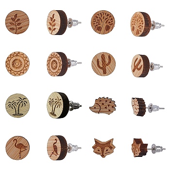 Natural Wood Stud Earrings, with Stainless Steel Stud Earring Findings and Ear Nuts, Mixed Shapes, Bisque, 7pairs/box