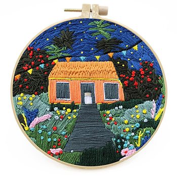 DIY House & Flower Pattern Embroidery Starter Kit, Cross Stitch Kit Including Imitation Bamboo Frame, Carbon Steel Pins, Cloth and Colorful Threads, Colorful, 177x164x8.5mm, Inner Diameter: 144mm