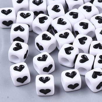 Opaque Acrylic Beads, Cube with Heart, Black, 6x6x6mm, Hole: 3.5mm, about 3200pcs/500g