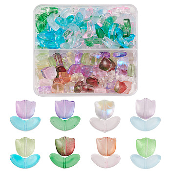 160Pcs 12 Style Spray Painted Transparent Glass Beads, Tulip Flower & Leaf, Mixed Color, 6.5~9x9~14x4.5~5.5mm, Hole: 1mm
