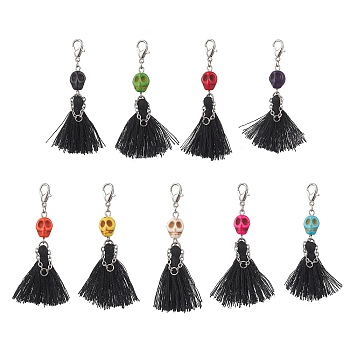 Dyed Synthetic Turquoise Halloween Skull & Polycotton Tassel Pendant Decorations, with Alloy Lobster Claw Clasps, Platinum, Mixed Color, 58.5~61.5mm