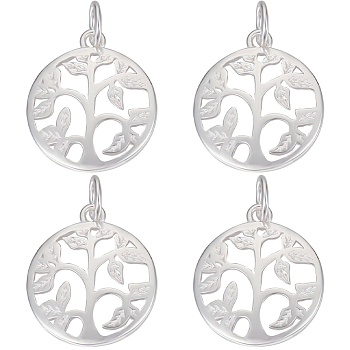4Pcs 925 Sterling Silver Pendants, Flat Round with Tree of Life Charms, with Jump Rings, Silver, 16x14x2mm, Hole: 3mm