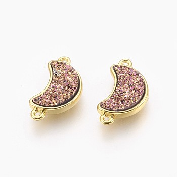Electroplate Druzy Resin Links connectors, with Golden Tone Brass Findings, Moon, Purple, 18.5x10x4mm, Hole: 1mm