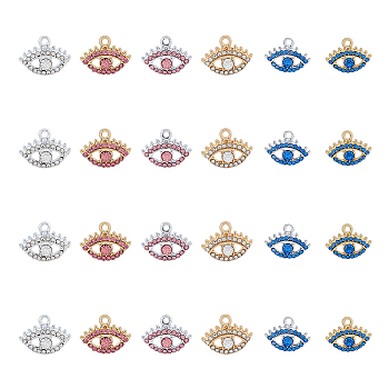 48Pcs 6 Colors Alloy Rhinestone Pendants, Eye, Platinum & Golden, 13.5x17.5x3.5mm, Hole: 1.8mm, 8pcs/color