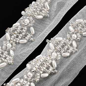 Polyester Flower Lace Trims, with ABS Imitation Pearl Beads and Glass, Floral White, 7/8 inch(23mm)