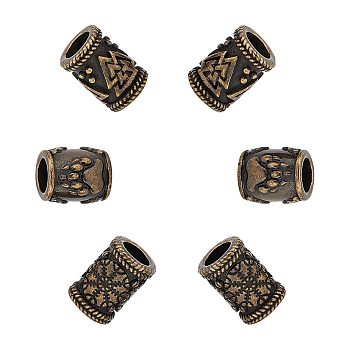 6Pcs 3 Styles 304 Stainless Steel European Beads, Large Hole Beads, Column with Bear Paw Print & Helm Of Awe & Valknut, Antique Bronze, 12~14x10mm, Hole: 6mm, 2pcs/style