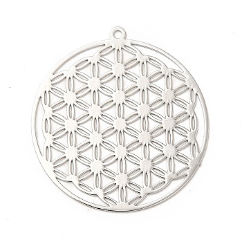 Rack Plating Brass Filigree Pendants, Long-Lasting Plated, Flat Round with Flower, Platinum, 32x30x0.3mm, Hole: 1.2mm