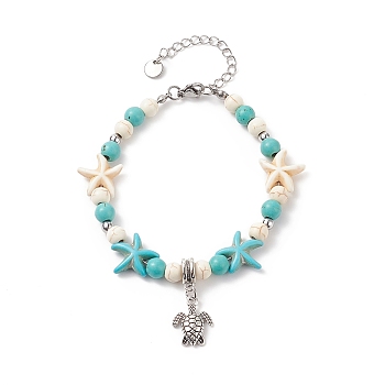 Alloy Tortoise Charm Bracelet with Synthetic Turquoise(Dyed) Starfish Beaded Bracelet for Women, Antique Silver, 7-1/4 inch(18.5cm)