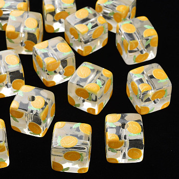 Transparent Printed Acrylic Beads, Square with Fruit Pattern, Lemon Pattern, 16x16x16mm, Hole: 3mm