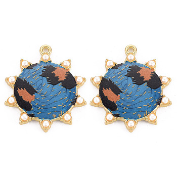 Rack Plating Printed Alloy Pendants, with Enamel and ABS Plastic Imitation Pearl, Cadmium Free & Nickel Free & Lead Free, Sun with Leopard Print, Light Gold, Steel Blue, 36x31x3.5mm, Hole: 2mm