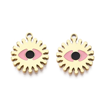 Ion Plating(IP) 316L Surgical Stainless Steel Pendants, Nickel Free, with Enamel, Real 18K Gold Plated, Evil Eye Charm, Pink, 14x12x1.5mm, Hole: 1.2mm