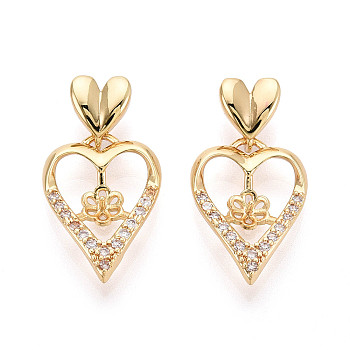 Brass Micro Pave Cubic Zirconia Cup Pearl Peg Bails Pin Pendants, Heart, for Half Drilled Beads, Real 18K Gold Plated, 17.5x12.5x3mm, Hole: 4x2mm, Pin: 0.8mm