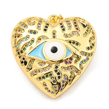 Rack Plating Brass Micro Pave Cubic Zirconia Pendants, with Enamel, Cadmium Free & Lead Free, Long-Lasting Plated, 
Real 18K Gold Plated, Heart with Evil Eye, Light Sky Blue, 29x28x11mm, Hole: 4.6x3.2mm