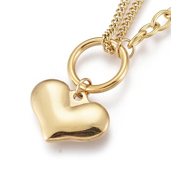 304 Stainless Steel Pendant Necklaces, with Lobster Claw Clasps, Cable & Curb Chains, Heart, Golden, 16.34 inch(41.5cm)