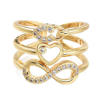 Adjustable Brass Micro Pave Clear Cubic Zirconia Cuff Rings, Open Rings, Wide Band Rings, Infinity, Heart, Lock, Real 18K Gold Plated, Size 7, Inner Diameter: 17mm