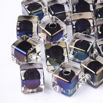 Transparent Acrylic Beads, UV Plating & Rainbow, Bead in Bead, Half Drilled Beads, Cube, Midnight Blue, 12.5x12.5x12.5mm, Half Hole: 3.5mm