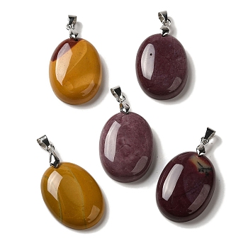Natural Mookaite Pendants, Oval Charms with Rack Plating Platinum Plated Brass Snap on Bails, 30x21.5~22x6~6.5mm, Hole: 6x4mm