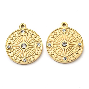 304 Stainless Steel Pendants, with Rhinestone, Flat Round, Real 14K Gold Plated, 18x15.5x2.5mm, Hole: 1.2mm