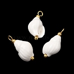 Handmade Porcelain Pendants, Conch Shell Shape Charms, with Brass Findings, Bright Glazed Porcelain, Real 18K Gold Plated, White, 22.5x11.5x10mm, Hole: 2.5mm(PR-CBA0027-08G-06)