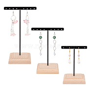 3Pcs 3 Sizes Iron T Bar Earring Display Stands, with Square Wooden Base, Holds up to 10 Pairs Dangle Earring Display, Black, Finished Product: 80x94~116x140~195mm, 1pc/size(EDIS-WH0012-36A)