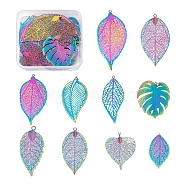 40Pcs 10 Styles Ion Plating(IP) 201 Stainless Steel Filigree Pendants, Etched Metal Embellishments, Leaf, Rainbow Color, 39~64x22.5~30.5x0.2mm, Hole: 1~2.5mm, 4pcs/style(STAS-BY0001-06)