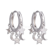 Brass Huggie Hoop Earrings, Long-Lasting Plated, Star and Moon, Real Platinum Plated, 18.5mm, Pin: 0.9mm(EJEW-K083-44P)