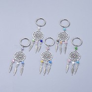 Keychain, with Cat Eye Beads, Alloy Findings and Iron Findings, Woven Net/Web with Feather, Antique Silver, 98mm, Pendant: 71.5x28mm(KEYC-JKC00203-M)