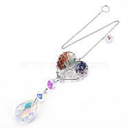 Natural Mixed Gemstone Big Pendants, with Platinum Brass Chain Extender and Findings, Plating Glass Teardrop & Flower, Clear AB Color, Heart with Tree of Life, 130mm, Hole: 4mm(G-N333-008G)