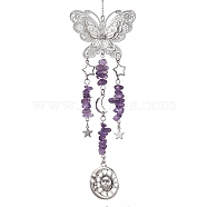 Natural Amethyst Pendant Decorations, with Tibetan Style Alloy Pendants, Butterfly, 246mm(HJEW-JM01832)