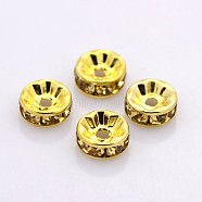 Brass Rhinestone Spacer Beads, Grade A, Straight Flange, Golden Metal Color, Rondelle, Light Colorado Topaz, 8x3.8mm, Hole: 1.5mm(RB-A014-Z8mm-14G)