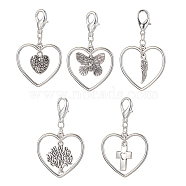 Valentine's Day Tibetan Style Alloy Pendant Decorations, with Zinc Alloy Lobster Claw Clasps, Heart with Wing/Cross/Tree of Life/Butterfly, Antique Silver & Silver, 49mm(HJEW-JM01501)