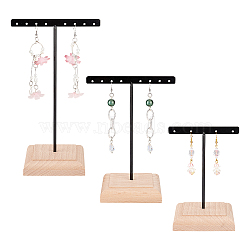 3Pcs 3 Sizes Iron T Bar Earring Display Stands, with Square Wooden Base, Holds up to 10 Pairs Dangle Earring Display, Black, Finished Product: 80x94~116x140~195mm, 1pc/size(EDIS-WH0012-36A)