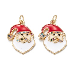 Christmas Themed Brass Micro Pave Cubic Zirconia Pendants, with Enamel and Jump Ring, Long-Lasting Plated, Santa Claus, Real 18K Gold Plated, 20x15x3mm, Jump Ring: 5x0.7mm, 3.6mm Inner Diameter(ZIRC-L101-01G)