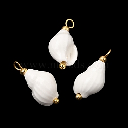 Handmade Porcelain Pendants, Conch Shell Shape Charms, with Brass Findings, Bright Glazed Porcelain, Real 18K Gold Plated, White, 22.5x11.5x10mm, Hole: 2.5mm(PR-CBA0027-08G-06)
