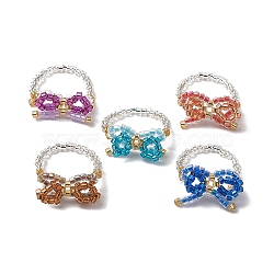 Bowknot Glass Braided Beaded Finger Rings for Women, Mixed Color, Inner Diameter: 18mm(RJEW-MZ00017)