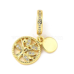 Rack Plating Brass Micro Pave Cubic Zirconia Pendant, Long-Lasting Plated, Lead Free & Cadmium Free, Flat Round with Tree, Real 18K Gold Plated, 27mm, Hole: 4.5mm(KK-H456-12G)