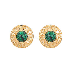 Synthetic Malachite Flat Round Stud Earrings, Golden 304 Stainless Steel Earrings, 22mm(KQ6681-1)