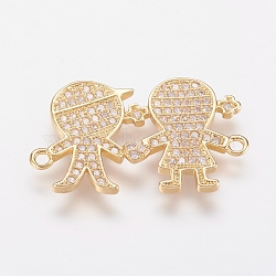 Brass Micro Pave Cubic Zirconia Links, Clear, Boy and Girl, Real 18K Gold Plated, 18.5x30x3mm, Hole: 1mm(ZIRC-G103-35G)