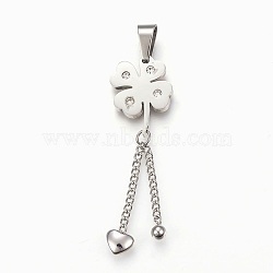 304 Stainless Steel Rhinestone Big Pendants, Clover, Stainless Steel Color, 54x16x3mm, Hole: 5x9mm(STAS-F168-41P)