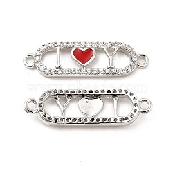 Brass Micro Pave Clear Cubic Zirconia Connetor Charms, with Enamel, Oval Links with Red Heart, Platinum, 7x24.5x2.5mm, Hole: 1.4mm(KK-E068-VB403-2)