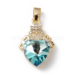 Real 18K Gold Plated Rack Plating Brass Micro Pave Clear Cubic Zirconia Pendants, with Glass, Long-Lasting Plated, Cadmium Free & Lead Free, Heart Charm, Pale Turquoise, 24x16x8mm, Hole: 5mm(KK-C015-30G-07)