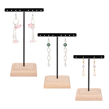 3Pcs 3 Sizes Iron T Bar Earring Display Stands, with Square Wooden Base, Holds up to 10 Pairs Dangle Earring Display, Black, Finished Product: 80x94~116x140~195mm, 1pc/size