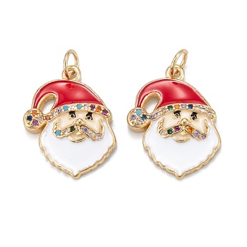 Christmas Themed Brass Micro Pave Cubic Zirconia Pendants, with Enamel and Jump Ring, Long-Lasting Plated, Santa Claus, Real 18K Gold Plated, 20x15x3mm, Jump Ring: 5x0.7mm, 3.6mm Inner Diameter