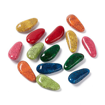 Crackle Opaque Acrylic Beads, Imitation Turquoise, Teardrop, Mixed Color, 36.5~37x16.5x9~10mm, Hole: 3mm, about 125pcs/500g