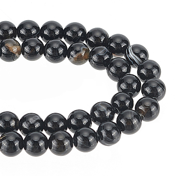 2 Strands Natural Striped Agate/Banded Agate Bead Strands, Dyed & Heated, Round, Grade A, Black, 6mm, Hole: 1mm, about 63pcs/strand, 14.7 inch(37.5cm)
