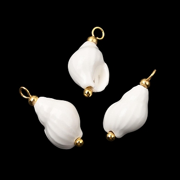 Handmade Porcelain Pendants, Conch Shell Shape Charms, with Brass Findings, Bright Glazed Porcelain, Real 18K Gold Plated, White, 22.5x11.5x10mm, Hole: 2.5mm