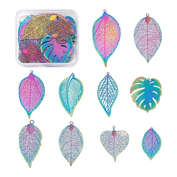 40Pcs 10 Styles Ion Plating(IP) 201 Stainless Steel Filigree Pendants, Etched Metal Embellishments, Leaf, Rainbow Color, 39~64x22.5~30.5x0.2mm, Hole: 1~2.5mm, 4pcs/style