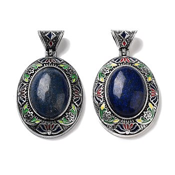 Natural Lapis Lazuli Pendants, Antique Silver Tone Alloy Enamel Oval Charms, 45x32x12.5mm, Hole: 6.3x5mm