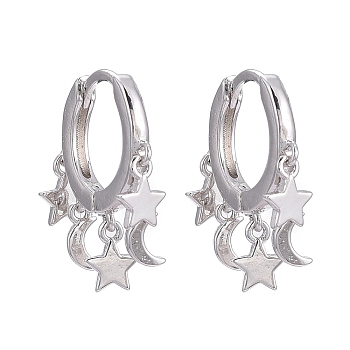 Brass Huggie Hoop Earrings, Long-Lasting Plated, Star and Moon, Real Platinum Plated, 18.5mm, Pin: 0.9mm